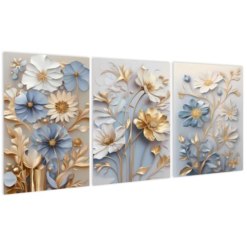 burkfeeg 3 Stück Blaue Blumen Wanddeko Küche Poster Küchenbilder Esszimmer Dekor Wandbilder Modern Leinwand Bild Wohnzimmer Bilder Badezimmer Wanddekoration 30x50cm Bohne Rahmen von burkfeeg
