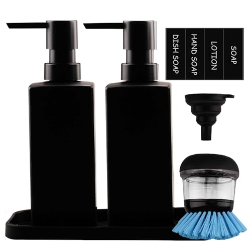 burkfeeg Seifenspender Schwarz Matt, 350ml×2 Glas Spülmittelspender Küche Badezimmer Set, Soap Dispenser Set mit Silikon Arbeitsplatte und wasserdichte Etiketten,Flüssigseifenspender für Küche Bad von burkfeeg