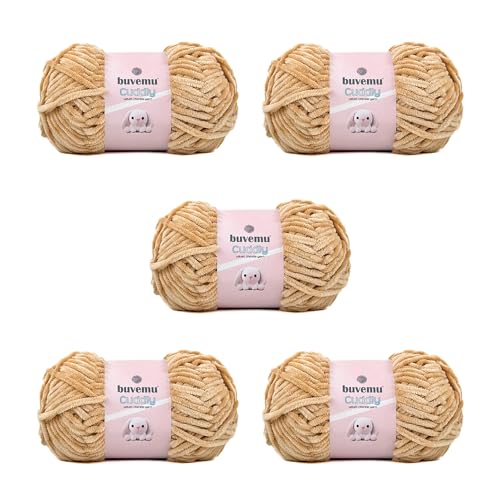 Kuscheliges Samt-Chenille-Garn, super weich, flauschig, sperrig zum Stricken, Häkeln, Decke Amigurumi, langlebig zum Ausfallen, 100 g, 100 m (Sandbraun) (5 Knäuel) von buvemu