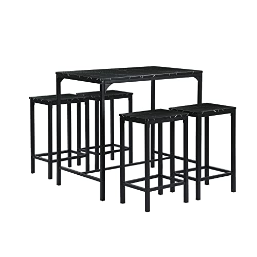 buybyroom 5er Bartisch Set, Marmor Esstisch mit 4 Barhockern 100x60x90cm Bartisch mit Barhocker 30x40x65cm Küchentisch Küchenstühle, Schwarz von buybyroom