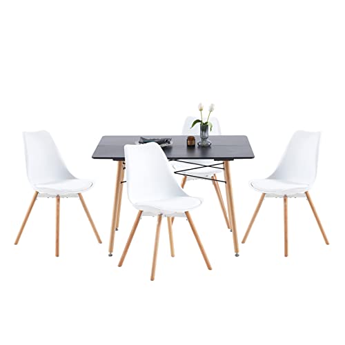 buybyroom Esszimmer-Set, bestehend aus einem schwarzen Tisch und 4 weißen Stühlen, geeignet für Küche, Esszimmer und Wohnzimmer (rechteckiger Tisch und Stühle) von buybyroom