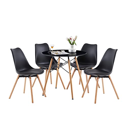 buybyroom Runder Essgruppe Esszimmertisch Esstisch Set bestehend aus einem schwarzen Tisch und 4 passenden schwarzen Stühlen für Esszimmer, Küche, Café und Büro von buybyroom