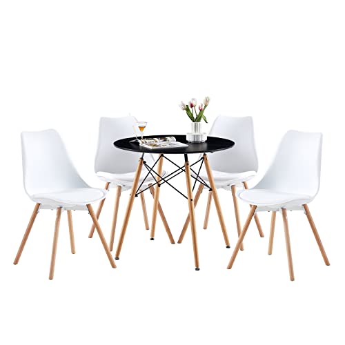buybyroom Runder Essgruppe Esszimmertisch Esstisch Set bestehend aus einem schwarzen Tisch und 4 passenden weißen Stühlen für Esszimmer, Küche, Café und Büro von buybyroom
