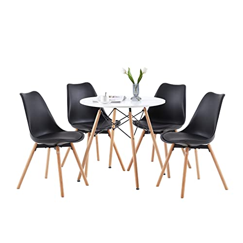 buybyroom Runder Essgruppe Esszimmertisch Esstisch Set bestehend aus einem weißen Tisch und 4 passenden schwarzen Stühlen für Esszimmer, Küche, Café und Büro von buybyroom