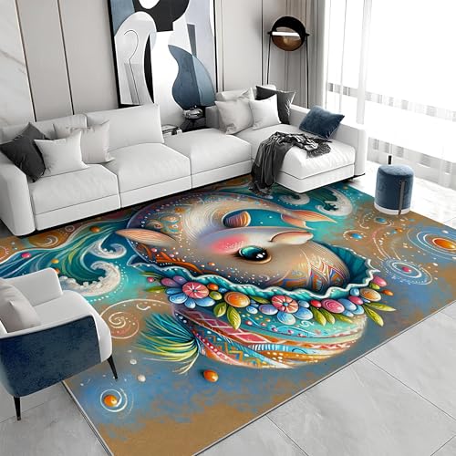 Großer Kurzflor-Teppich 160x230 - Delfin Bunt Teppiche - Abstrakt Waschbar Dünn rutschfest Saugfähig Carpet für Wohnzimmer Schlafzimmer Esszimmer Oder Als Küchenteppich G&943 von buyluhn