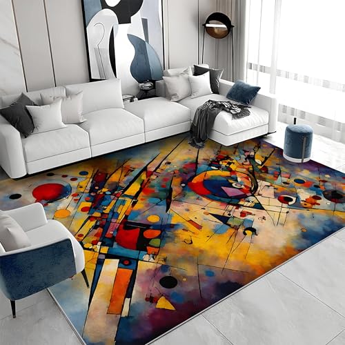 Großer Kurzflor-Teppich 160x230 - Geometrisch Bunt Teppiche - Abstrakte Kunst Waschbar Dünn rutschfest Saugfähig Carpet für Wohnzimmer Schlafzimmer Esszimmer Oder Als Küchenteppich a&753 von buyluhn