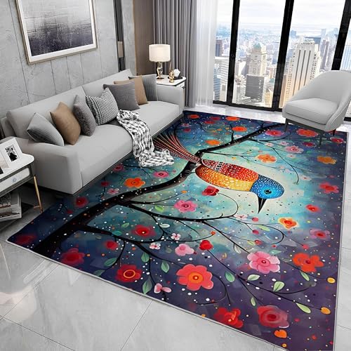 Großer Kurzflor-Teppich 180x200, Blumen Vogel Teppich, Bunt Cartoon Waschbar Dünn rutschfest Saugfähig für Wohnzimmer Schlafzimmer Esszimmer Oder Als Küchenteppich N83 Großer Kurzflor-Teppich 180x200, Blumen Vogel Teppich, Bunt Cartoon Waschbar Dünn rutschfest Saugfähig für Wohnzimmer Schlafzimmer Esszimmer Oder Als Küchenteppich N83 von buyluhn