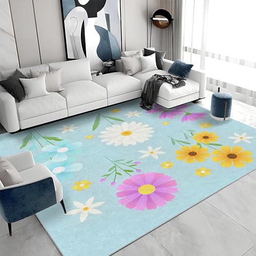 Großer Kurzflor-Teppich 180x200 - Blumen Blau Teppiche - Natürliche Ästhetik Waschbar Dünn rutschfest Saugfähig Carpet für Wohnzimmer Schlafzimmer Esszimmer Oder Als Küchenteppich A&87 von buyluhn