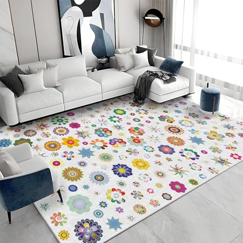Großer Kurzflor-Teppich 180x200 - Blumen Mehrfarbig Teppiche - Abstrakt Waschbar Dünn rutschfest Saugfähig Carpet für Wohnzimmer Schlafzimmer Esszimmer Oder Als Küchenteppich S&1493 von buyluhn