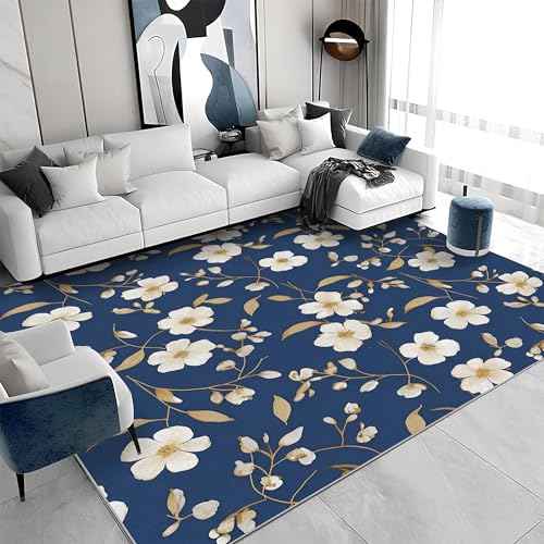 Großer Kurzflor-Teppich 180x200 - Pflanze Blau Gold Teppiche - Blumen Waschbar Dünn rutschfest Saugfähig Carpet für Wohnzimmer Schlafzimmer Esszimmer Oder Als Küchenteppich A&562 Großer Kurzflor-Teppich 180x200 - Pflanze Blau Gold Teppiche - Blumen Waschbar Dünn rutschfest Saugfähig Carpet für Wohnzimmer Schlafzimmer Esszimmer Oder Als Küchenteppich A&562 von buyluhn