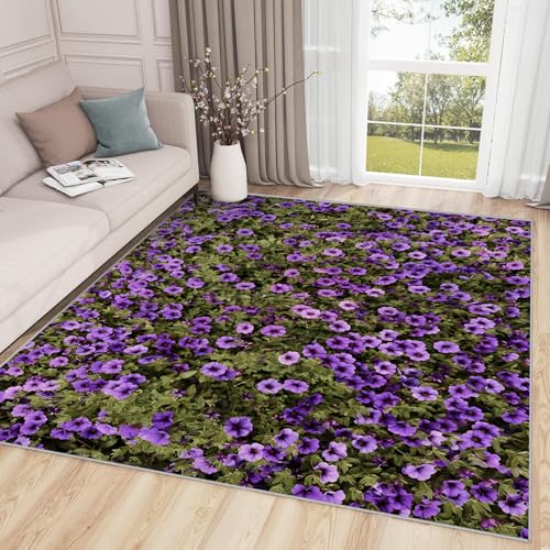 Großer Kurzflor-Teppich 180x240 - Blumen Anlage Teppiche - Natur Lila Grün Waschbar Dünn rutschfest Saugfähig Carpet für Wohnzimmer Schlafzimmer Esszimmer Oder Als Küchenteppich G-13 von buyluhn