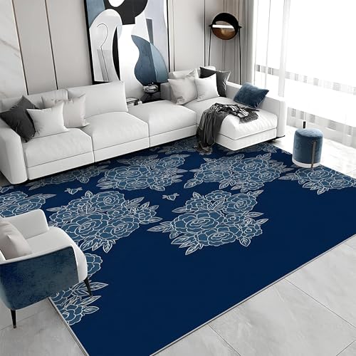 Quadratischer Kurzflor-Teppich 120x120 - Blumen Blau Teppiche - Pflanzen Waschbar rutschfest Dünn Saugfähig Carpet Teppiche Für Bad Eingangsbereich Innenräume G&439 von buyluhn