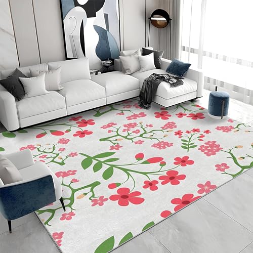 Quadratischer Kurzflor-Teppich 160x160 - Blumen Rosa Weiß Grün Teppiche - Natur Waschbar rutschfest Dünn Saugfähig Carpet Für Wohnzimmer Schlafzimmer Esszimmer G&652 von buyluhn