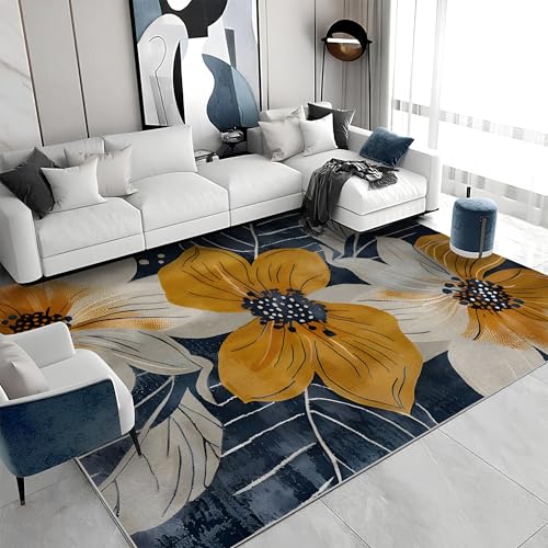 Quadratischer Kurzflor-Teppich 200x200 - Blumen Blätter Blau Gelb Teppiche - Shabby Chic Waschbar rutschfest Dünn Saugfähig Carpet für Wohnzimmer Schlafzimmer Esszimmer G&129 von buyluhn
