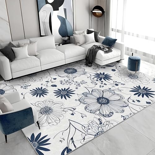Quadratischer Kurzflor-Teppich 200x200 - Blumen Blau Teppiche - Abstrakte Ästhetik Waschbar rutschfest Dünn Saugfähig Carpet für Wohnzimmer Schlafzimmer Esszimmer A&547 von buyluhn
