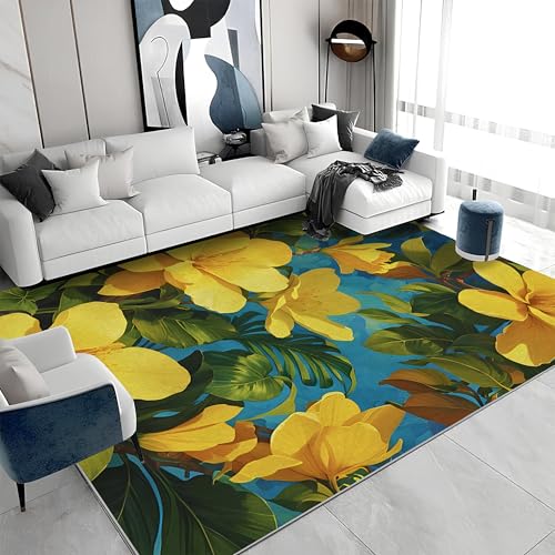 Quadratischer Kurzflor-Teppich 200x200 - Blumen Grün Gelb Teppiche - Pflanzen Waschbar rutschfest Dünn Saugfähig Carpet für Wohnzimmer Schlafzimmer Esszimmer G&623 von buyluhn
