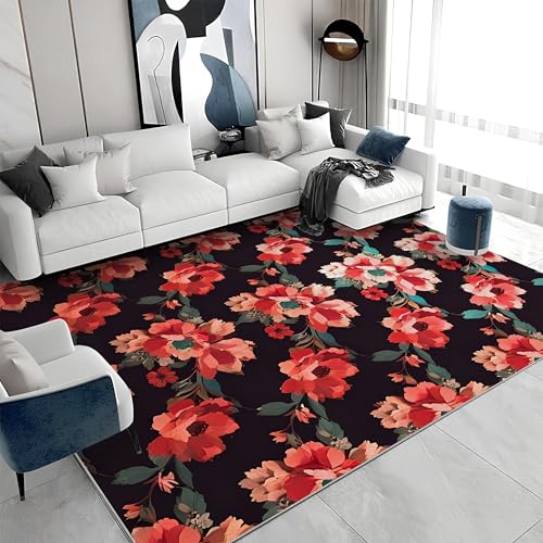 Waschbarer Kurzflor-Teppich 100x200 - Blumen Rot Schwarz Teppiche - Modern Dünn Saugfähig Carpet Für Wohnzimmer Schlafzimmer Jugendzimmer Jungen Mädchen Oder Als Bettvorleger a&995 Waschbarer Kurzflor-Teppich 100x200 - Blumen Rot Schwarz Teppiche - Modern Dünn Saugfähig Carpet Für Wohnzimmer Schlafzimmer Jugendzimmer Jungen Mädchen Oder Als Bettvorleger a&995 von buyluhn