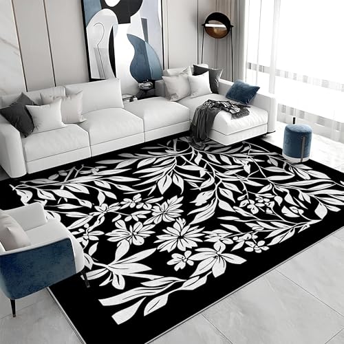 Waschbarer Kurzflor-Teppich 120x170 - Blumen Schwarz Weiß Teppiche - Botanik Dünn Saugfähig Carpet Für Wohnzimmer Schlafzimmer Jugendzimmer Oder Als Bettvorleger a&442 von buyluhn
