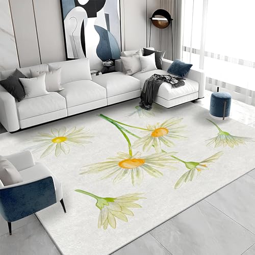 Waschbarer Kurzflor-Teppich 140x200 - Gänseblümchen Weiß Teppiche - Blumen Dünn Saugfähig Carpet Für Wohnzimmer Schlafzimmer Jugendzimmer Jungen Mädchen Oder Als Bettvorleger A&274 von buyluhn