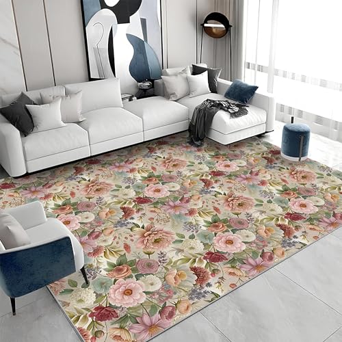 Waschbarer Kurzflor-Teppich 160x200 - Blumen Rosa Teppiche - Schön Dünn Saugfähig Carpet Für Wohnzimmer Schlafzimmer Jugendzimmer Jungen Mädchen Oder Als Bettvorleger a&351 von buyluhn