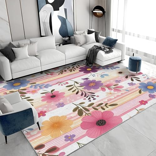 Waschbarer Kurzflor-Teppich 160x200 - Streifen Rosa Teppiche - Blumen Dünn Saugfähig Carpet Für Wohnzimmer Schlafzimmer Jugendzimmer Jungen Mädchen Oder Als Bettvorleger S&541 von buyluhn