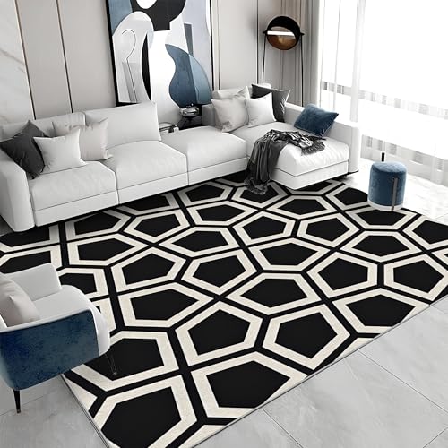 buyluhn Großer Kurzflor-Teppich 160x230 - Geometrisch Schwarz Teppiche - Abstrakt Waschbar Dünn rutschfest Saugfähig Carpet für Wohnzimmer Schlafzimmer Esszimmer Oder Als Küchenteppich S&164 von buyluhn