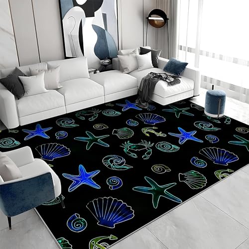 buyluhn Großer Kurzflor-Teppich 160x230 - Meereslebewesen Schwarz Teppiche - Abstrakt Waschbar Dünn rutschfest Saugfähig Carpet für Wohnzimmer Schlafzimmer Esszimmer Oder Als Küchenteppich A&335 von buyluhn