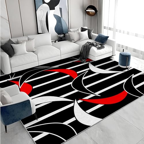 buyluhn Großer Kurzflor-Teppich 180x200 - Streifen Schwarz Teppiche - Abstrakt Waschbar Dünn rutschfest Saugfähig Carpet für Wohnzimmer Schlafzimmer Esszimmer Oder Als Küchenteppich S&1873 von buyluhn