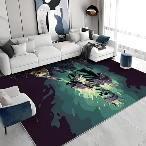 buyluhn Großer Kurzflor-Teppich 180x200 - Totenkopf Grün Schwarz Teppiche - Horror Waschbar Dünn rutschfest Saugfähig Carpet für Wohnzimmer Schlafzimmer Esszimmer Oder Als Küchenteppich S&885 von buyluhn