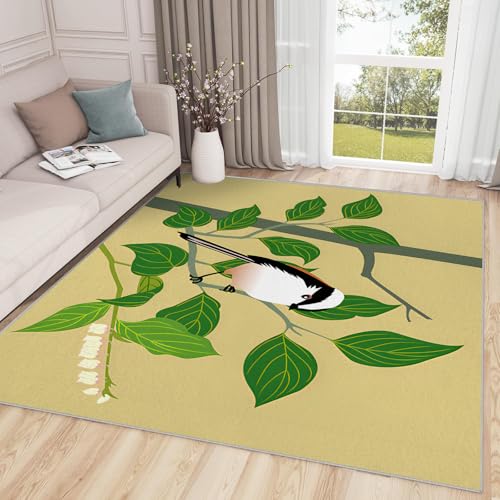 buyluhn Großer Kurzflor-Teppich 180x200 - Vogel Anlage Teppiche - Natur Beige Grün Waschbar Dünn rutschfest Saugfähig Carpet für Wohnzimmer Schlafzimmer Esszimmer Oder Als Küchenteppich G-277 von buyluhn