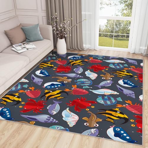 buyluhn Großer Kurzflor-Teppich 180x270 - Meereslebewesen Abstrakt Teppiche - Karikatur Schwarze Waschbar Dünn rutschfest Saugfähig Carpet für Wohnzimmer Schlafzimmer Esszimmer Oder Als Küchenteppich von buyluhn
