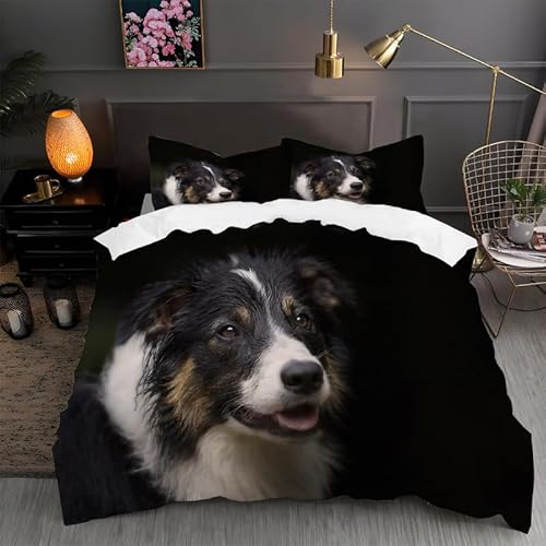 buyluhn Hund Bettwäsche 135x200cm 3 Teiliges Set Kinderbettwäsche 3D Effekt Kuschel Mikrofaser Bettbezug Border Collie mit Reißverschluss Deckenbezug für Jungen Mädchen mit 2 Kissenbezug 80x80cm von buyluhn