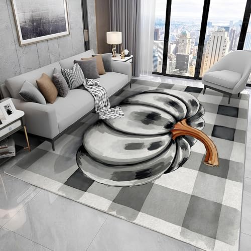 buyluhn Quadratischer Kurzflor-Teppich 120x120, Karierter Kürbis Teppich, Halloween Grau Waschbar rutschfest Dünn Saugfähig Teppiche Für Bad Eingangsbereich Innenräume N92 von buyluhn