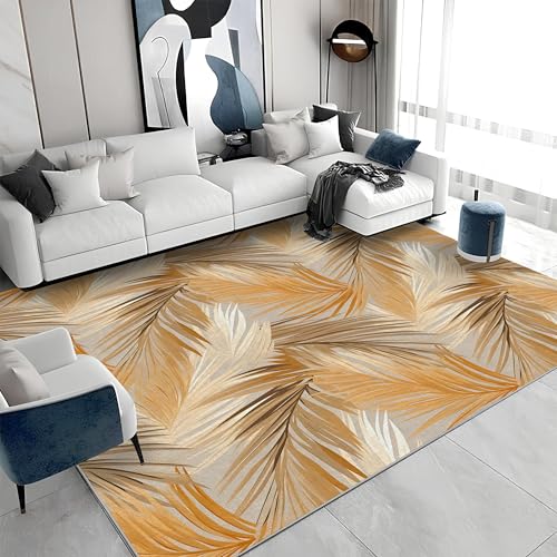 buyluhn Quadratischer Kurzflor-Teppich 120x120 - Blätter Gold Teppiche - Tropische Pflanzen Waschbar rutschfest Dünn Saugfähig Carpet Teppiche Für Bad Eingangsbereich Innenräume A&724 von buyluhn