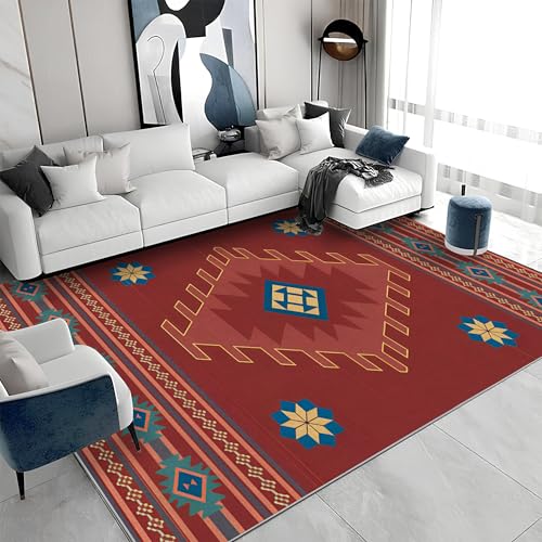 buyluhn Quadratischer Kurzflor-Teppich 120x120 - Bohemian Rot Teppiche - Retro Tribal Waschbar rutschfest Dünn Saugfähig Carpet Teppiche Für Bad Eingangsbereich Innenräume S&306 von buyluhn