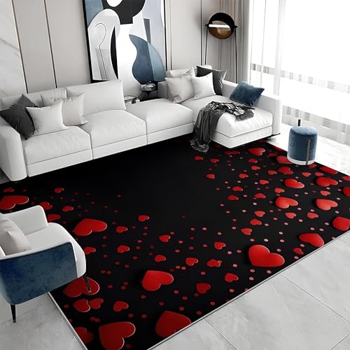 buyluhn Quadratischer Kurzflor-Teppich 120x120 - Herz Schwarz Rot Teppiche - Abstrakt Waschbar rutschfest Dünn Saugfähig Carpet Teppiche Für Bad Eingangsbereich Innenräume S&1104 von buyluhn