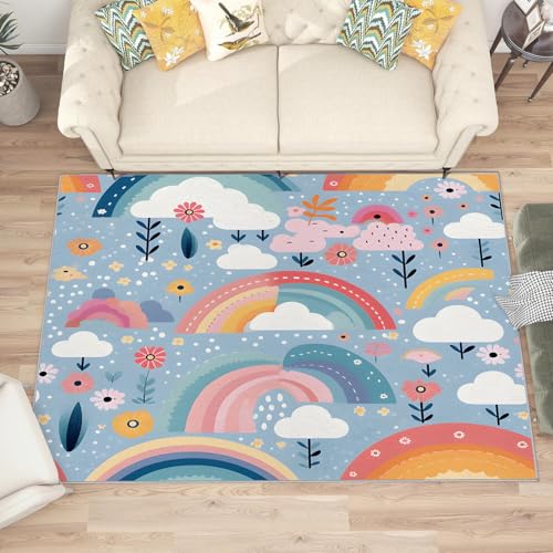 buyluhn Waschbarer Kurzflor-Teppich 100x200, Regenbogenblätter Teppich Jugendzimmer, Blumen Dünn Saugfähig Für Wohnzimmer Schlafzimmer Jugendzimmer Jungen Mädchen Oder Als Bettvorleger U-152 von buyluhn
