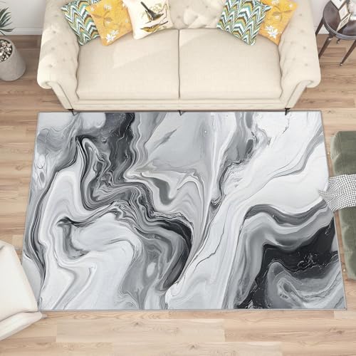 buyluhn Waschbarer Kurzflor-Teppich 120x200, Marmorstruktur Schwarz Grau Teppich, Abstrakt Dünn Saugfähig Für Wohnzimmer Schlafzimmer Jugendzimmer Jungen Mädchen Oder Als Bettvorleger L119 von buyluhn