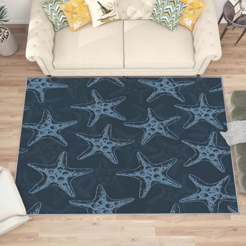 buyluhn Waschbarer Kurzflor-Teppich 120x200, Seestern Blau Teppich Abstrakt Dünn Saugfähig Für Wohnzimmer Schlafzimmer Jugendzimmer Jungen Mädchen Oder Als Bettvorleger G333 von buyluhn