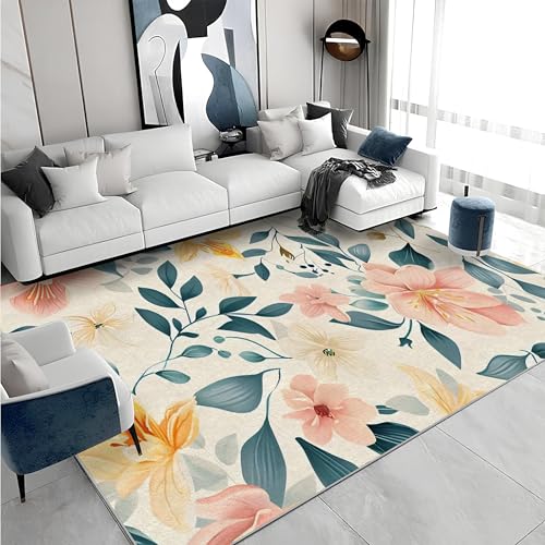 buyluhn Waschbarer Kurzflor-Teppich 140x200, Blumen Teppich Jugendzimmer, Natürliche Ästhetik Dünn Saugfähig Für Wohnzimmer Schlafzimmer Jugendzimmer Jungen Mädchen Oder Als Bettvorleger F-244 von buyluhn