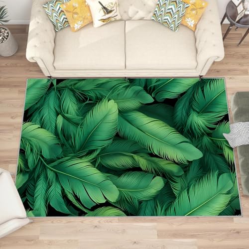buyluhn Waschbarer Kurzflor-Teppich 140x200, Feder Grün Teppich, Kunstästhetik Dünn Saugfähig Für Wohnzimmer Schlafzimmer Jugendzimmer Jungen Mädchen Oder Als Bettvorleger L62 von buyluhn