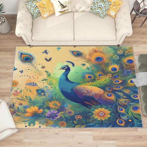buyluhn Waschbarer Kurzflor-Teppich 140x200, Pfau Blau Beige Teppich, Tier Dünn Saugfähig Für Wohnzimmer Schlafzimmer Jugendzimmer Jungen Mädchen Oder Als Bettvorleger K171 buyluhn Waschbarer Kurzflor-Teppich 140x200, Pfau Blau Beige Teppich, Tier Dünn Saugfähig Für Wohnzimmer Schlafzimmer Jugendzimmer Jungen Mädchen Oder Als Bettvorleger K171 von buyluhn