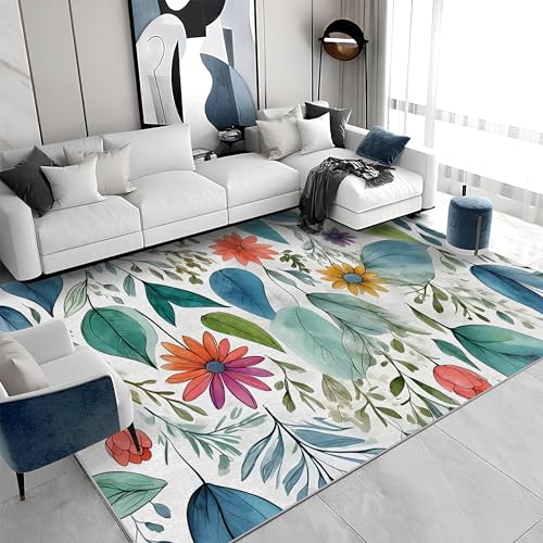 buyluhn Waschbarer Kurzflor-Teppich 160x200 - Blätter Blumen Grün Blau Teppiche - Botanik Dünn Saugfähig Carpet Für Wohnzimmer Schlafzimmer Jugendzimmer Jungen Mädchen Oder Als Bettvorleger a&427 von buyluhn