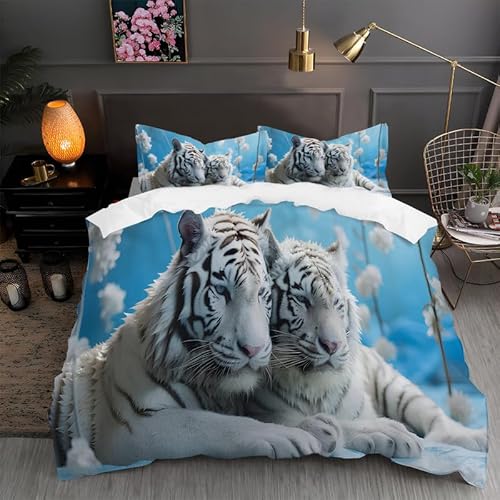 buyluhn WeißEr Tiger Bettwäsche 155x220cm 3 Teiliges Set 3D Effekt Kuschel Mikrofaser Bettbezug Tier mit Reißverschluss Deckenbezug für Jungen Mädchen mit 2 Kissenbezug 80x80cm von buyluhn