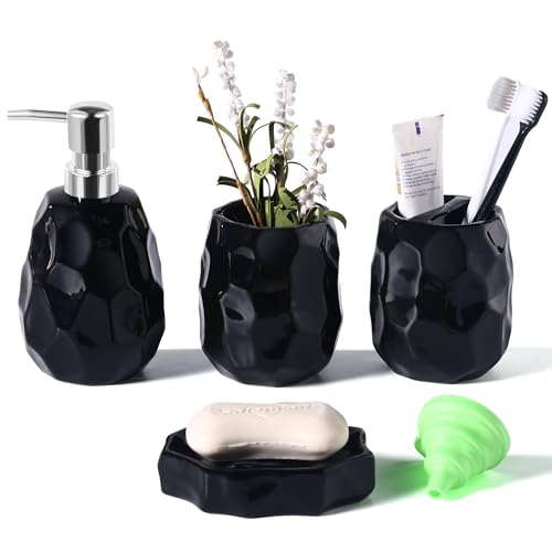 Badezimmer-Zubehör-Set, 4-teiliges Badezimmer-Zubehör-Set, Lotion-Seifenspender, Seifenschale, Zahnbürstenhalter, Zahnputzbecher, Badezimmer-Organizer für Moderne Badezimmer (Schwarz) von bwszrosa