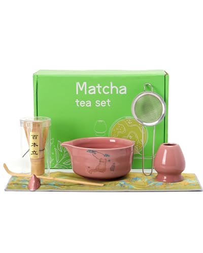 Matcha-Set, japanisches Matcha-Set, 7-teilig: Keramikschale (Chawan), Matcha-Schneebesen und Halter, Bambusschaufel, Schaufelablage, Sieb und Handtuch, authentisches Teezeremonie-Werkzeug für von bwszrosa