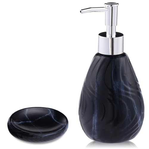 Seifenspender-Set, enthält Hand- und Seifenschale, rutschfeste Basis, Seifenspender aus Keramik in Blumenform, geeignet für die Dekoration von Küche und Badezimmer (Schwarze Wassertropfen) von bwszrosa