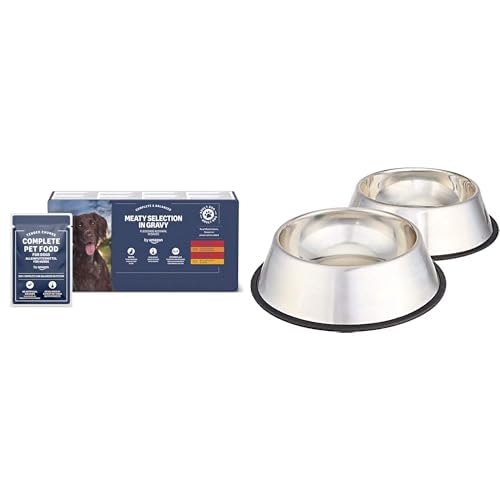 by Amazon Erwachsenen-Hundefutter Fleischauswahl (48x100g) mit Amazon Basics Edelstahl Hundenäpfe Set (2er-Pack, Silber) von by Amazon