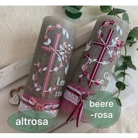 Taufkerze Für Mädchen Ella Rosa Altrosa Rot Beere Steingrau Grau Silber Gold Kreuz Ranke Blüten Herz Baum Taube Rustkal von byCreationClaudia