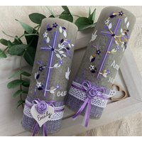 Taufkerze Mädchen Marilen Lila Flieder Grau Silber Kreuz Ranke Blüten Herz Baum Taube Rustikal Vintage Rose von byCreationClaudia